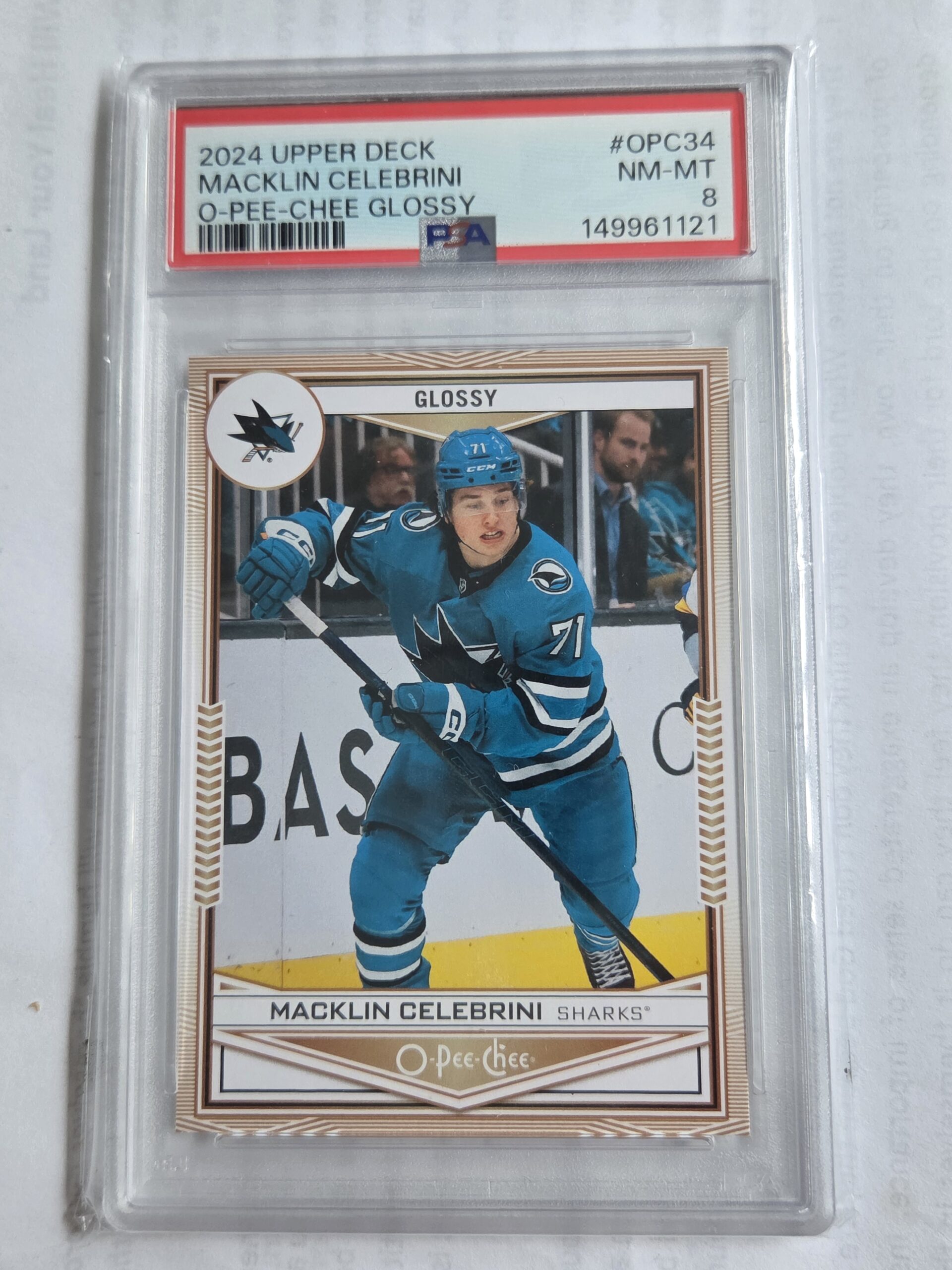 10. Celebrini Graded 8-1 00008 — Macklin Celebrini — 2024 Upper Deck O-Pee-Chee Glossy #OPC-34 - Image 1